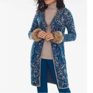 Chico’s Flocked Pattern Cardigan Sz 1 M 8 Long Duster Blue Taupe Longline Beaded